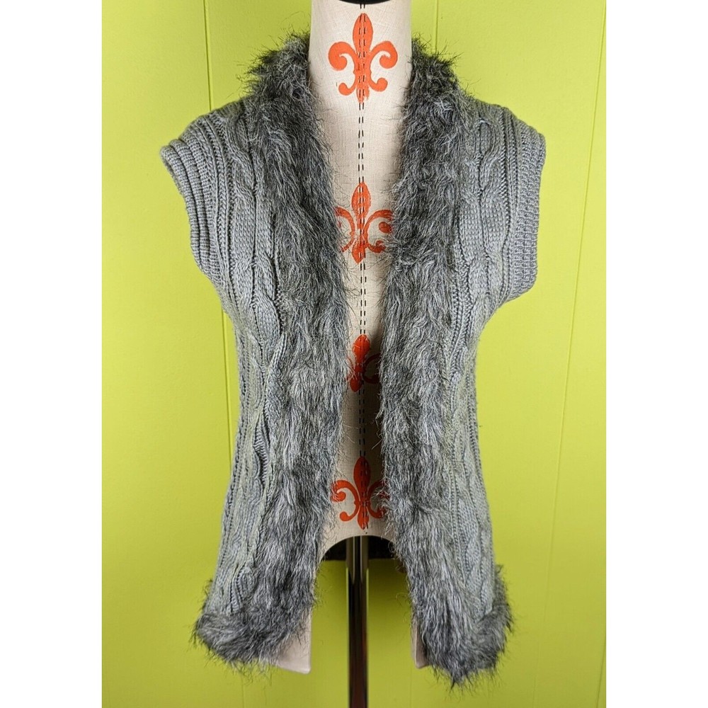 NWOT Nine West Jeans Women S Gray Knit Faux Fur Trim Open Front Cardigan Sweater